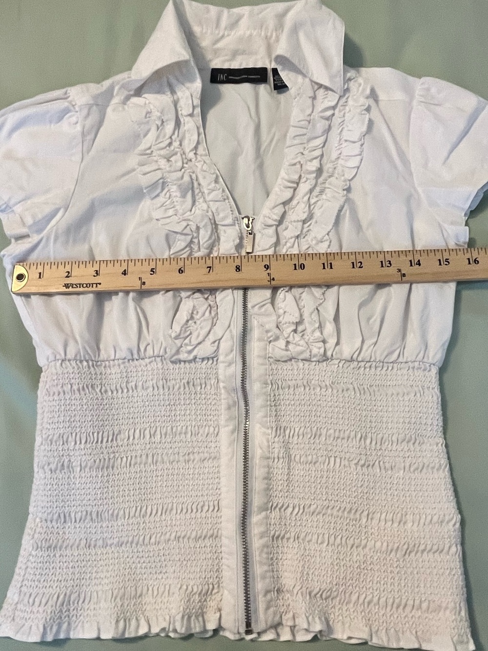 White Ruffle Zip Front Smocked Blouse Feminine Coquette Y2K Top Size 10 - Picture 4 of 6